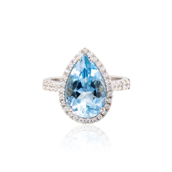 Pear Shape Aquamarine Ring with Diamond Halo Online Hot Sale