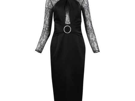 Rasario | Women | Draped Satin Lace Midi Dress With Buckle And Ring | Black Sale