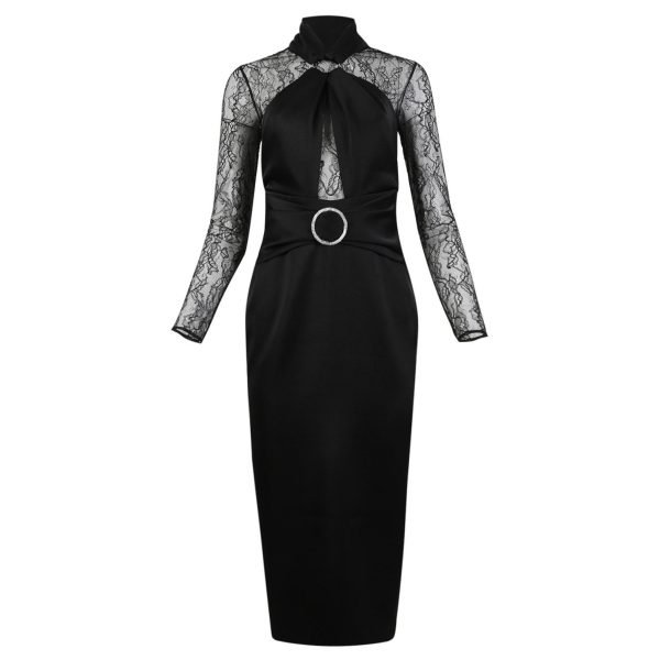 Rasario | Women | Draped Satin Lace Midi Dress With Buckle And Ring | Black Sale