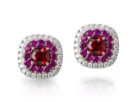 Red Sapphire and Ruby Halo Earrings Online now