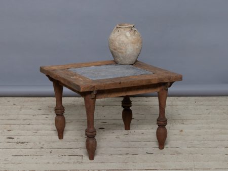 Square Teak Coffee Table with Single Inset Piece of 17th Century Belgian Blue Stone For Sale