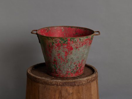 Early 20th Century 2 Handled Traces of Old Red Portuguese Farm Pail Fashion