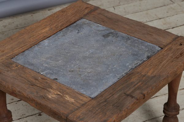 Square Teak Coffee Table with Single Inset Piece of 17th Century Belgian Blue Stone For Sale