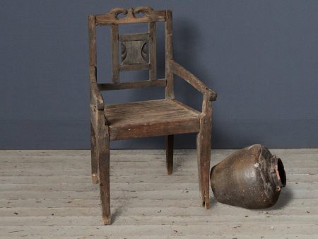 Small Primitive Teak Arm Chair with Crested Back Supply