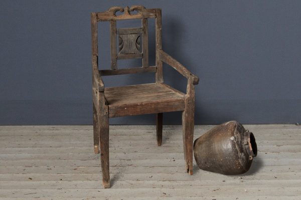 Small Primitive Teak Arm Chair with Crested Back Supply