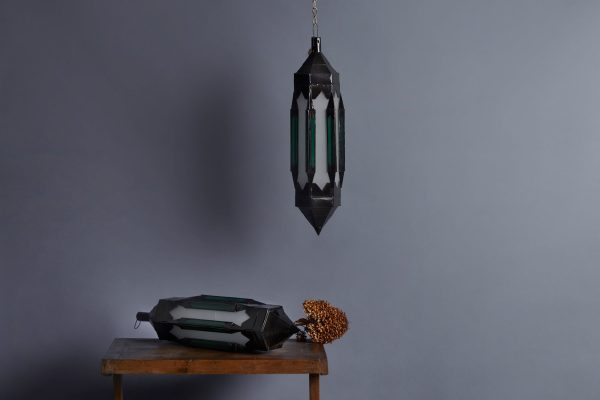 Emerald Green & Frosted Glass Large Hanging Moroccan Lantern For Discount