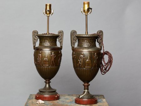 Pair of French Neo Classic Mantle Garnitures with Red Marble Bases made into Lamps Discount