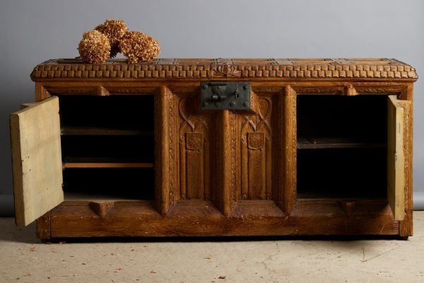 English Cabinet in the Shape of a Coffer Made out of an Old Abbey Paneling For Cheap