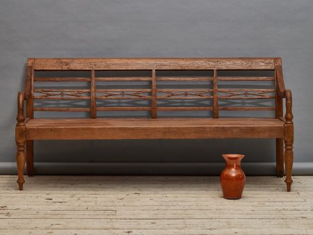 Elegant Dutch Colonial Teak Bench with Turned Legs and a Carved Back from Jakarta Supply